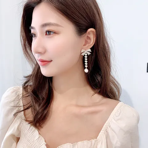 Zircon French Earrings Bow Pearl