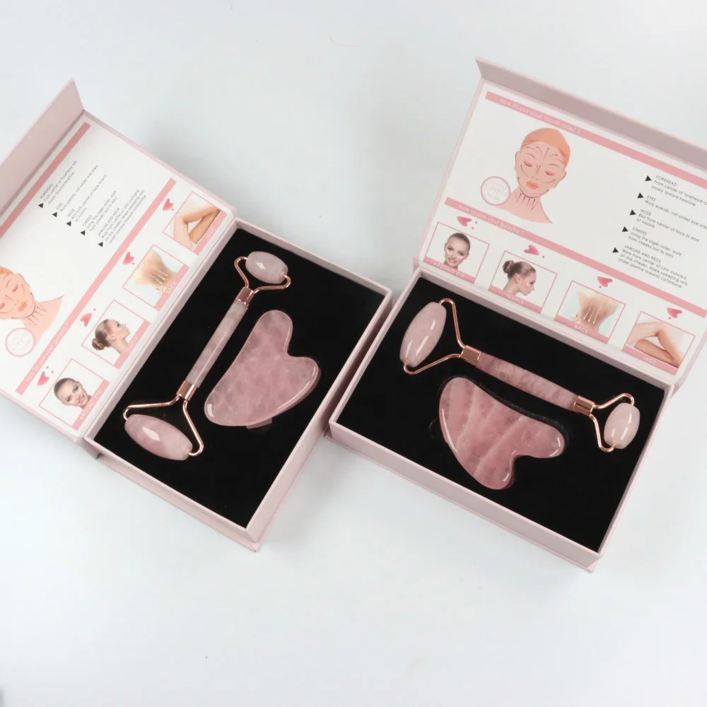 Rose Quartz Jade Roller Gua Sha Set With