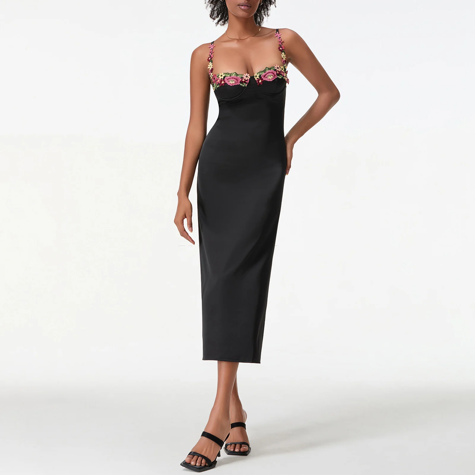 Satin Schlinge Bodycon Langes Kleid Frauen Blumen Stickerei 4