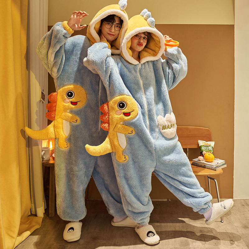 Cute Cartoon Jumpsuit Homewear Couple One-piece Nightgown Coral