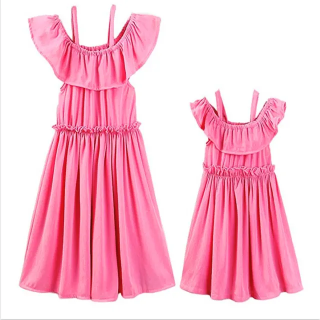 One Word Shoulder Strap Lace Pleated Parent-child Dress 1