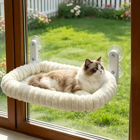Kabellose Katzen-Fensterliege mit 4 Starken Saugnäpfen Metallrahmen Kissenbezug