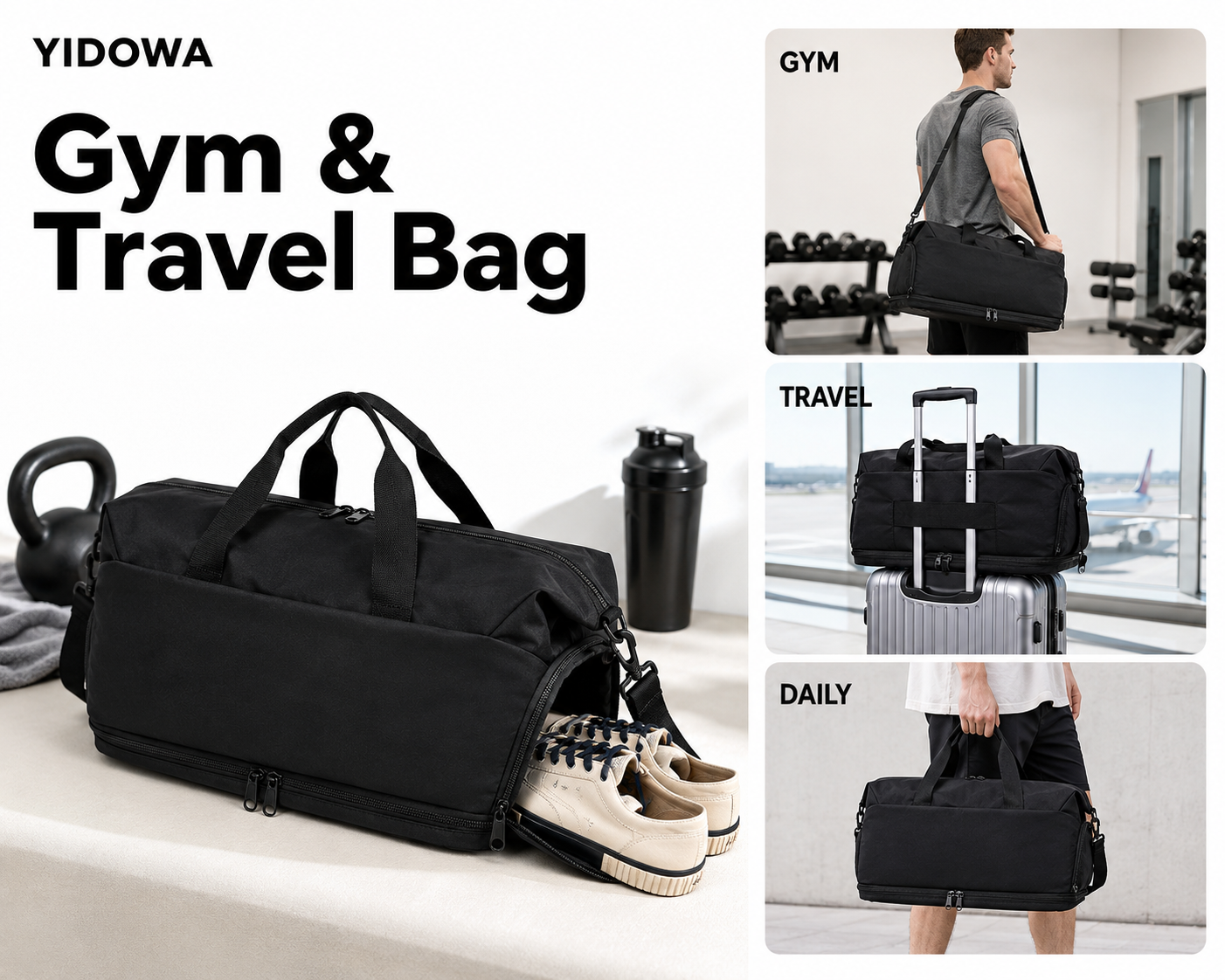 Waterproof Black Gym Bag with Shoe Compartment 3
