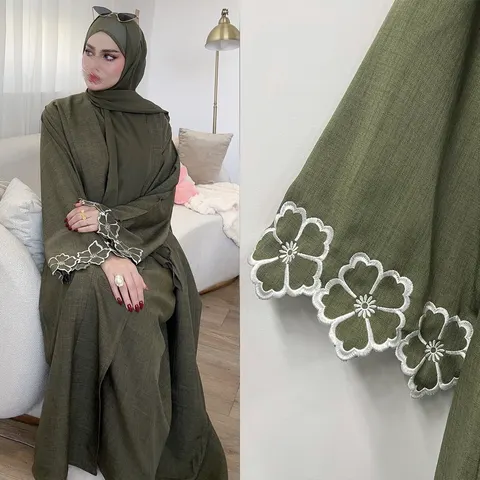 Solid Color Long Sleeve Loose Islamic Flower Embroidered