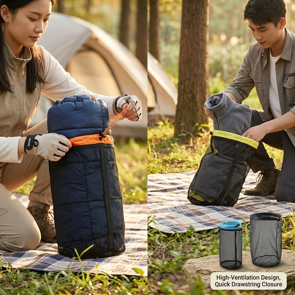 Camping-Hängematten-Netz-Aufbewahrungstasche Reise-Kleidungs-Kompressionssack mit Kordelzug für Schlafsack 2