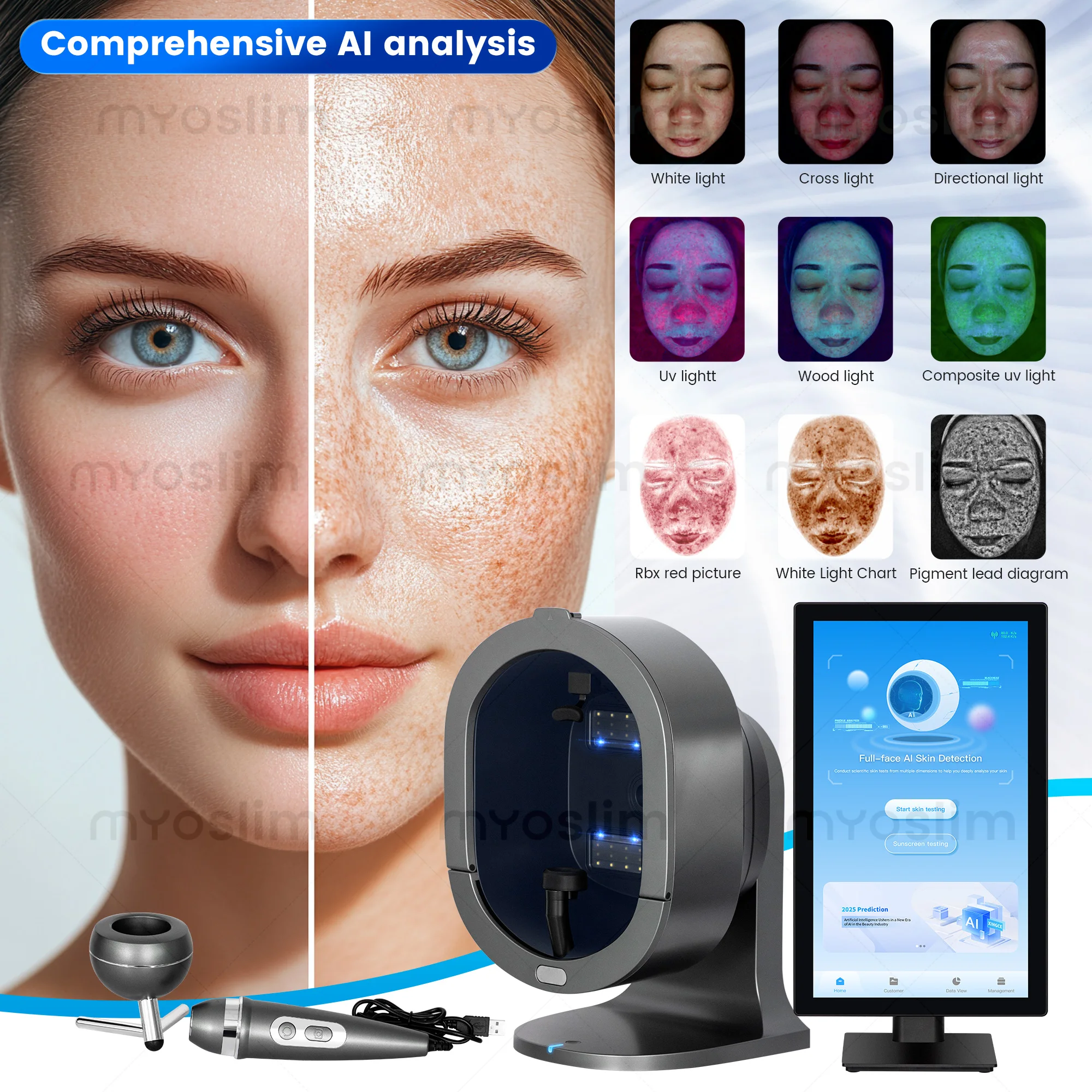 3D Magic AI Gesichtsanalyse X5 ProMirror Holzlampen-Akne-Scanner Hautdetektor
