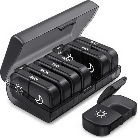 Black Weekly Pill Organizer, Twice Daily