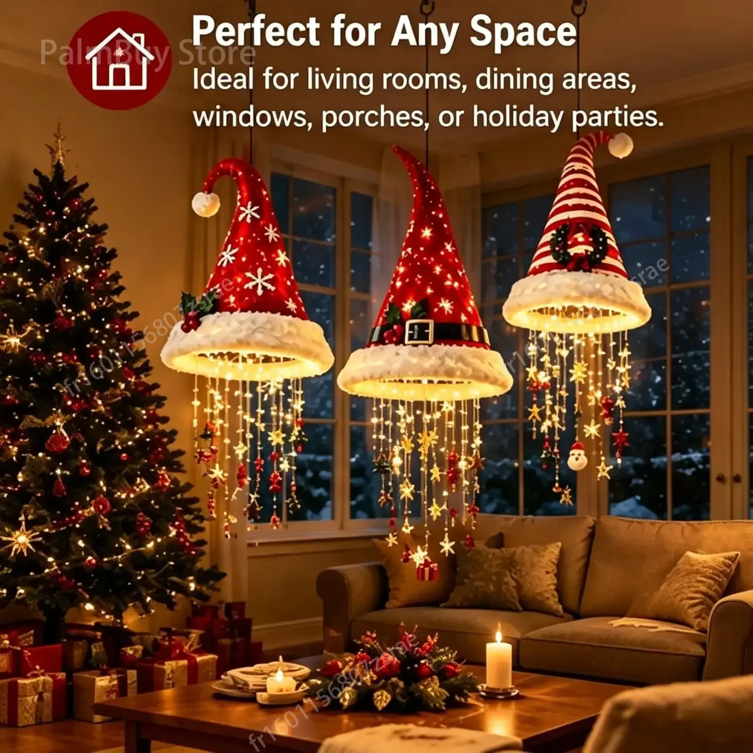 LED-Weihnachtsmannmütze mit Licht und Weihnachtsanhängern zum Aufhängen Winter-Neujahrs-Party-Dekorationslampe 4