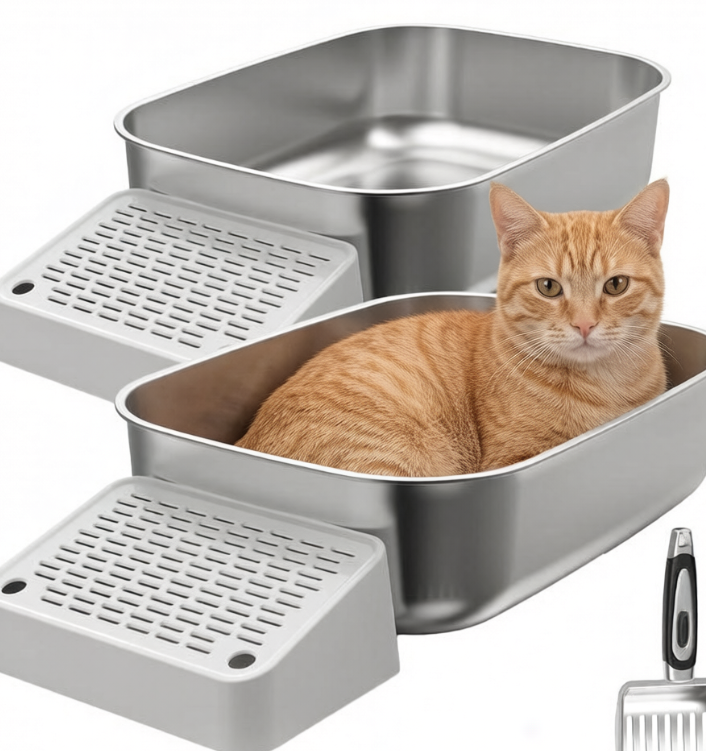 Edelstahl-Katzentoilette geschlossen mit Schaufel