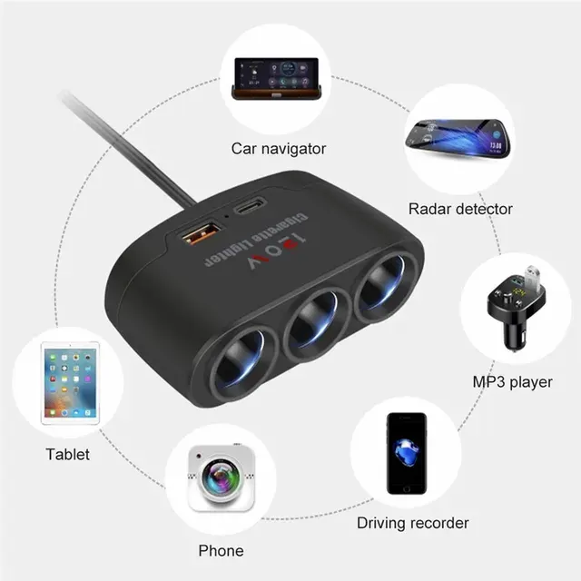 120W USB-C Car Socket Splitter 12V 24V 3