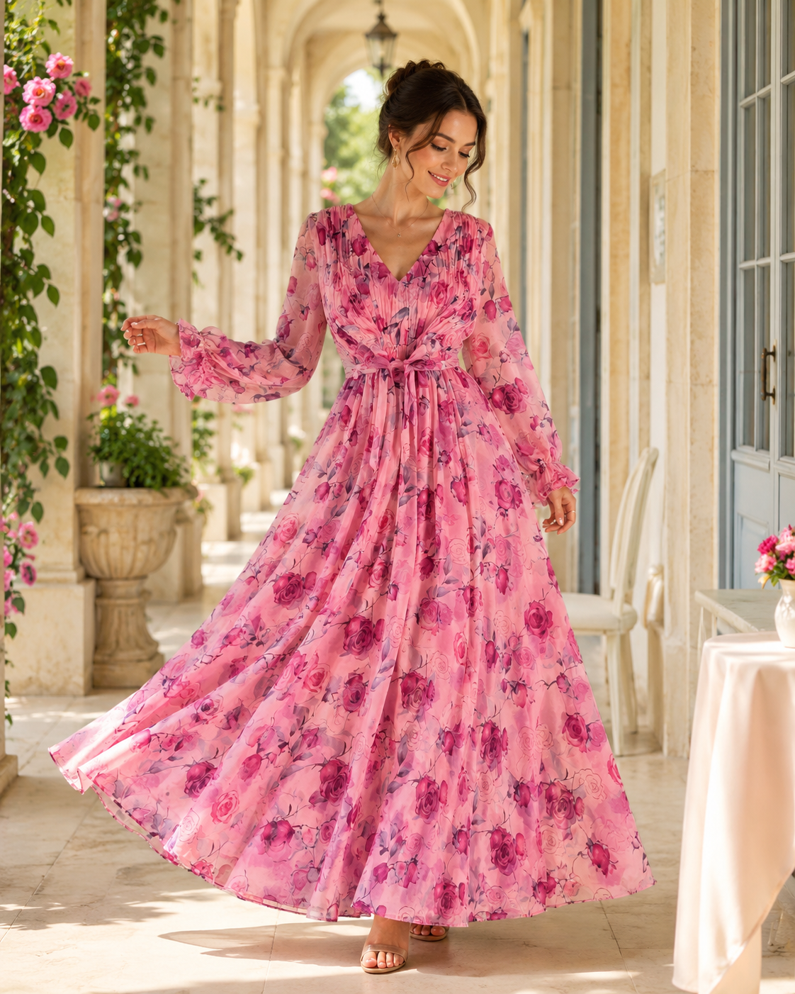 Langarm Maxikleid mit Blumenmuster und V-Ausschnitt 2