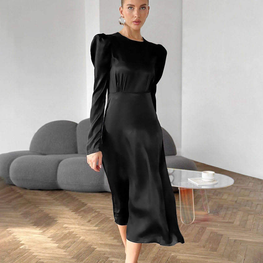 Satin Dress With Round Neck and Puff Sleeves