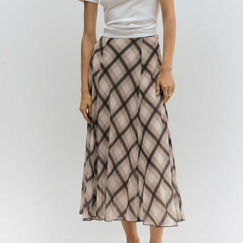 Reversible Plaid Midi A-Line Skirt