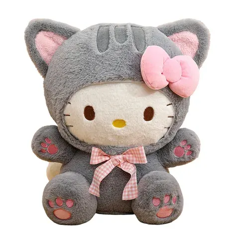 Cute Gray Cat Plush Doll with Bow