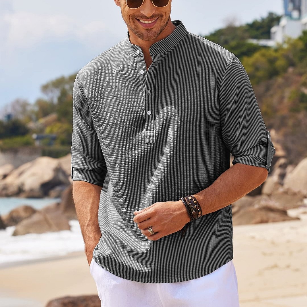 Men's Solid Long-Sleeve Stand Collar Shirt