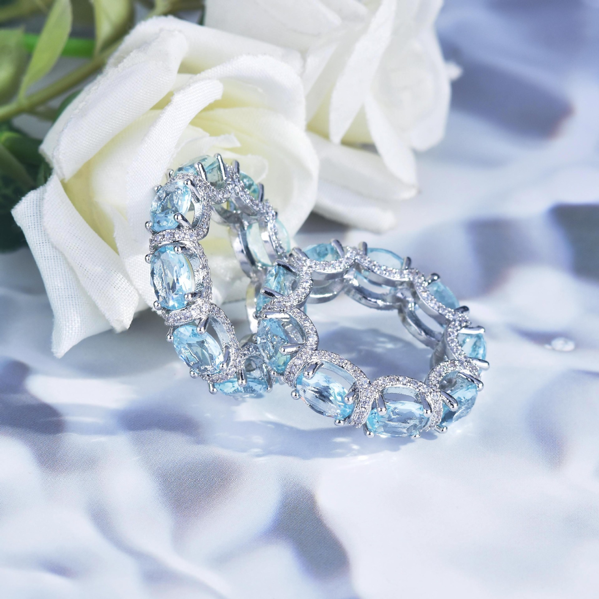 Luxury Oval Cut Aquamarine Eternity Band Ring Micro