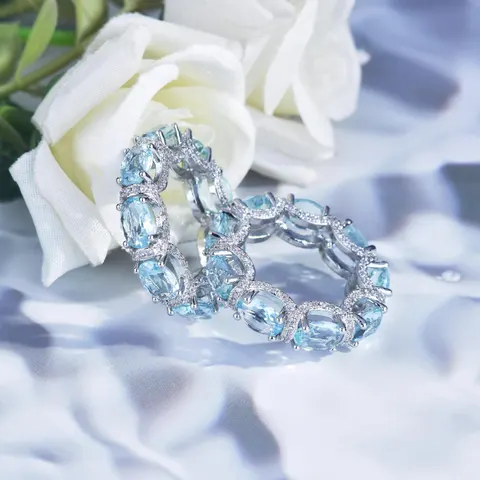 Luxury Oval Cut Aquamarine Eternity Band Ring Micro