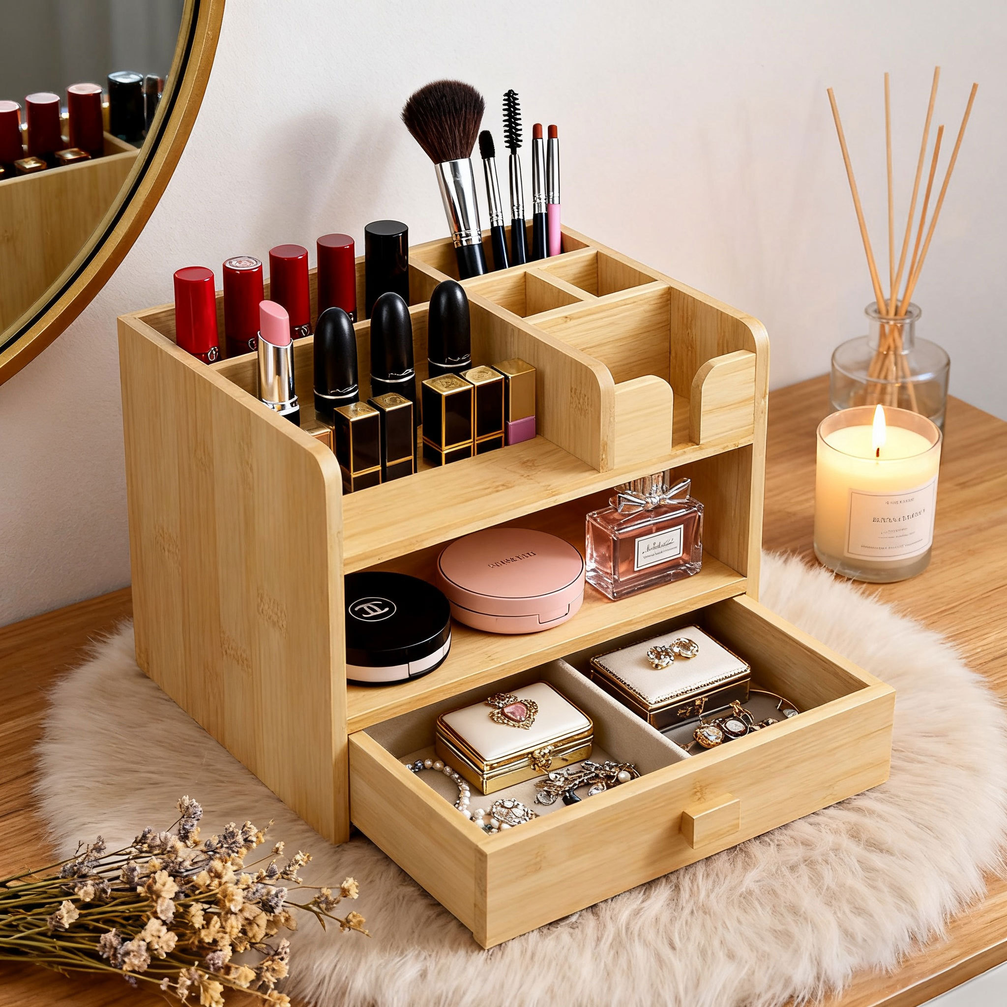 Bamboo Makeup Tray with Drawers 2