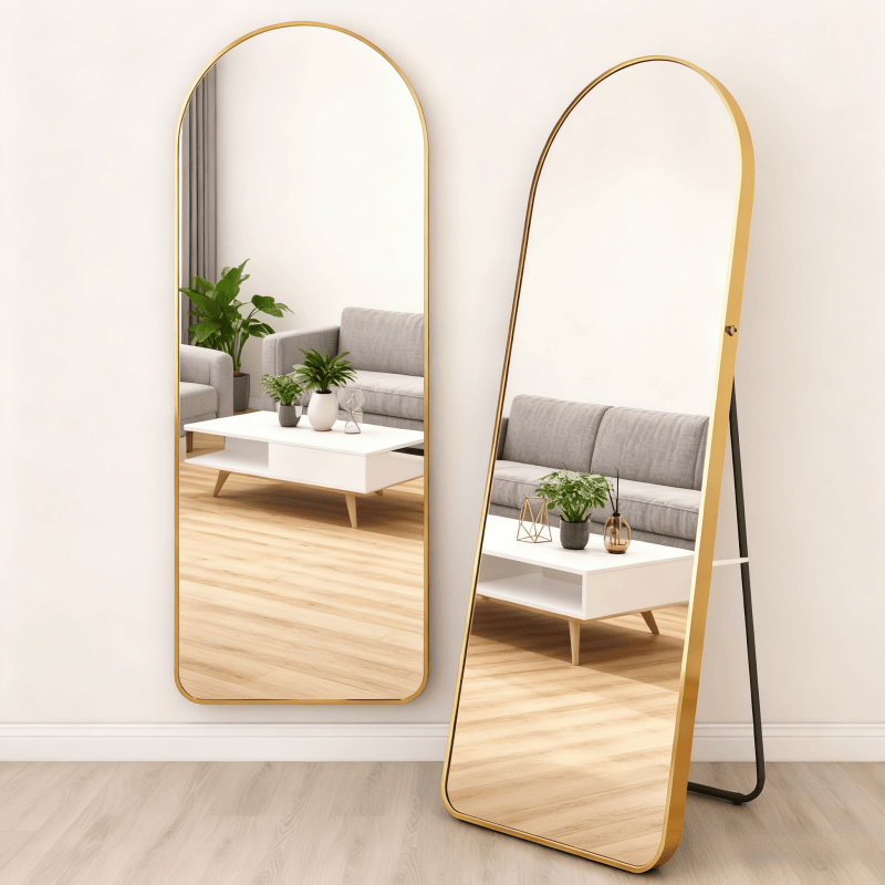 Goldener Standspiegel mit Rundrahmen