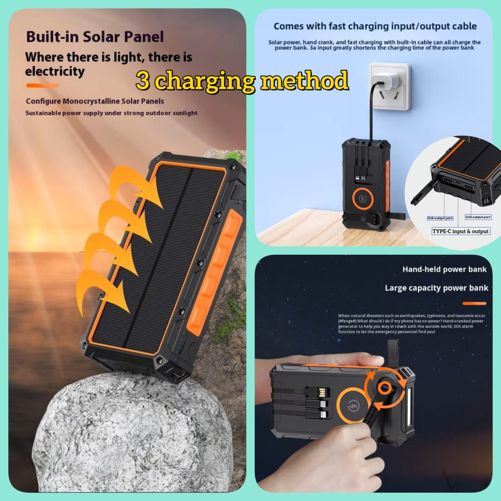 Portable Solar Power Bank 20000mAh Hand-Crank Wireless Charging 2