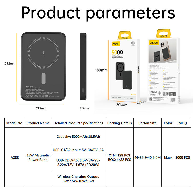 Aspor 5000mAh Power Bank 15W Wireless Charging PD20W 2