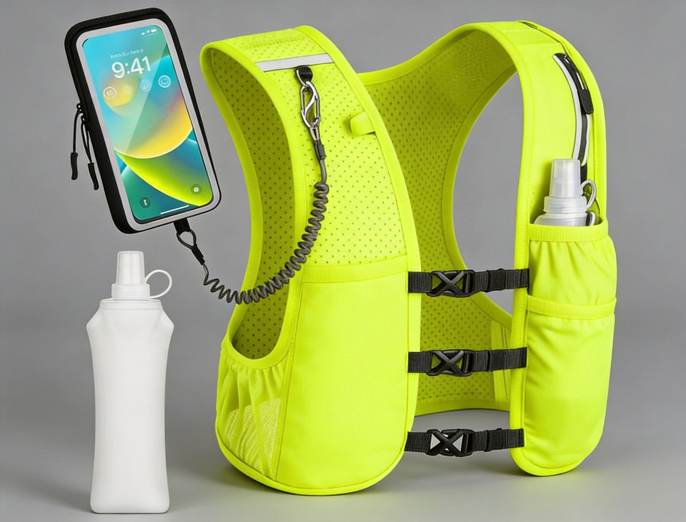 Neon Green Running Hydration Vest Phone Holder Water