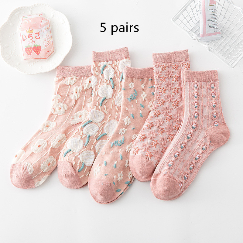 Cotton Socks Embossed Three-dimensional Small Flower