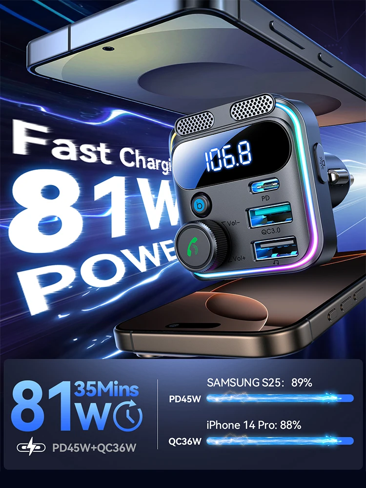 Bluetooth 6.0 FM Transmitter with Dual Mics 2