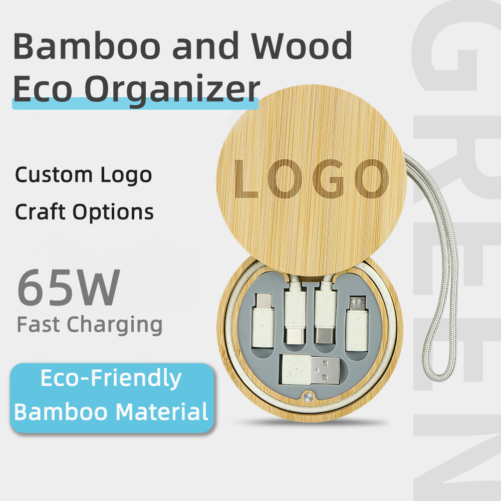 Bamboo USB Cable Organizer with Carabiner 4