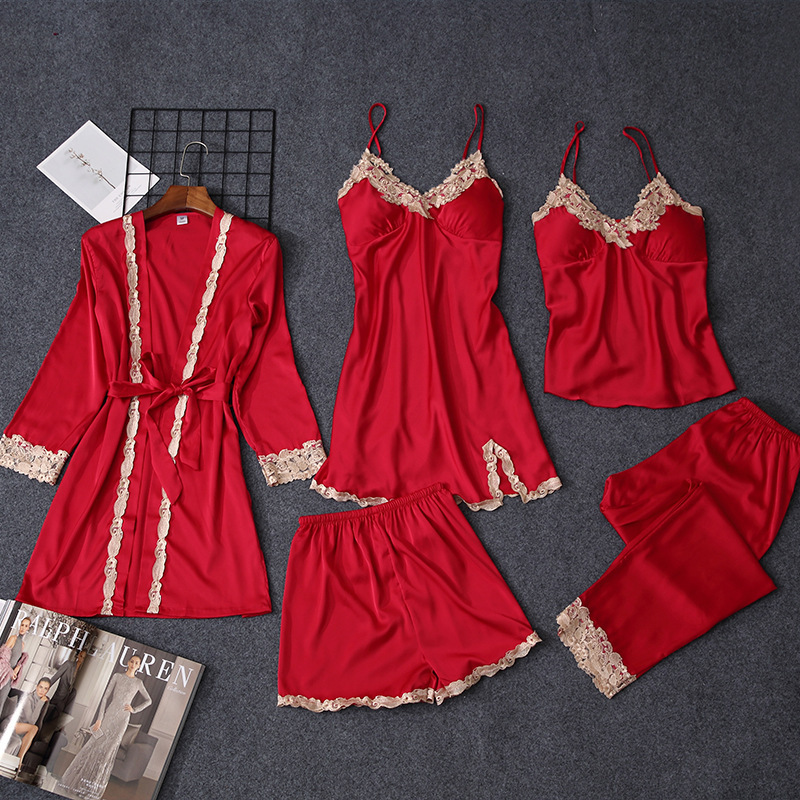 Womans Ladies Bride 5 Piece Satin Silk Pajama 4