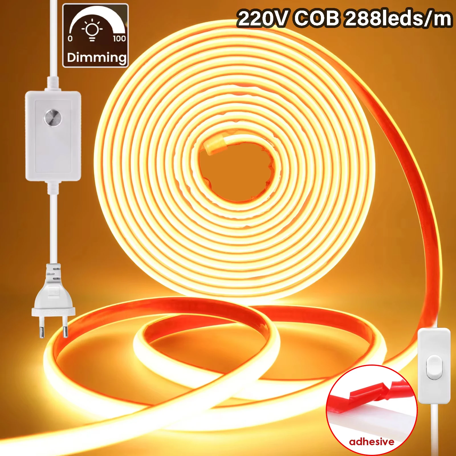 Dimmbares 220V COB LED-Streifenband Selbstklebendes LED-Band 288 LEDs