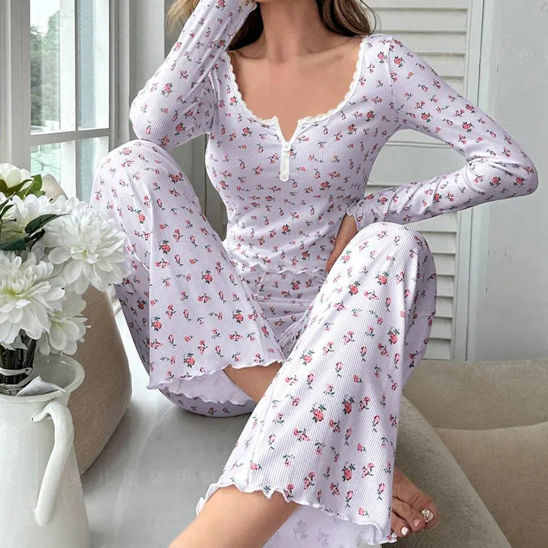 Nachtwäsche Frauen Floral Print Salat Trim mit Lange 3