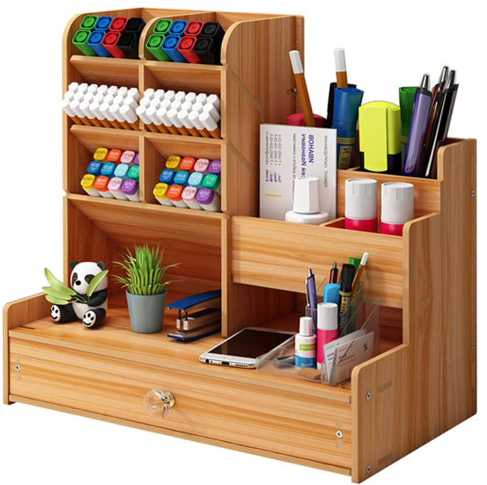 Multi Compartments Wooden Desk Organizer With Drawer Large