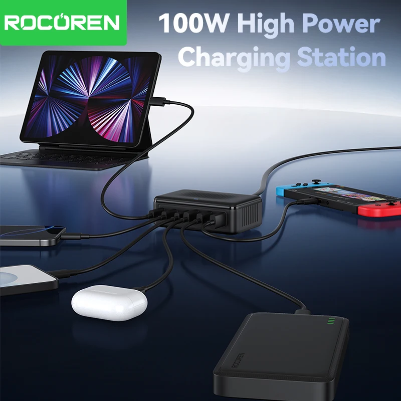 Rocoren USB-Ladegerät 100W GaN Ladestation 6-Port Desktop Schnellladestation 3