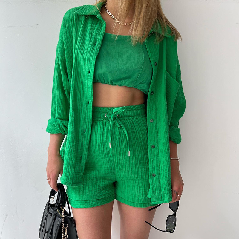 Women's Wrinkled Fabric Lapel Long Sleeved Shirt Shorts