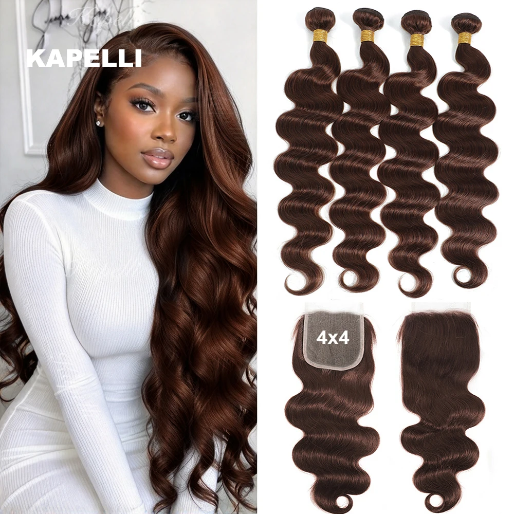 # 4 Braune Gewellte Echthaar-Bundles mit Closure HD