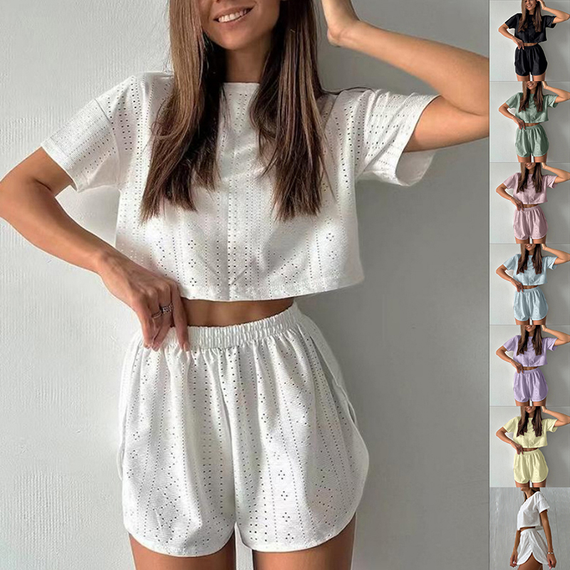2pcs Casual Hollow Suit With Short-sleeved Crop And