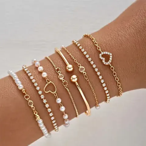 8-Piece Heart Rhinestone Stacking Bracelet Set