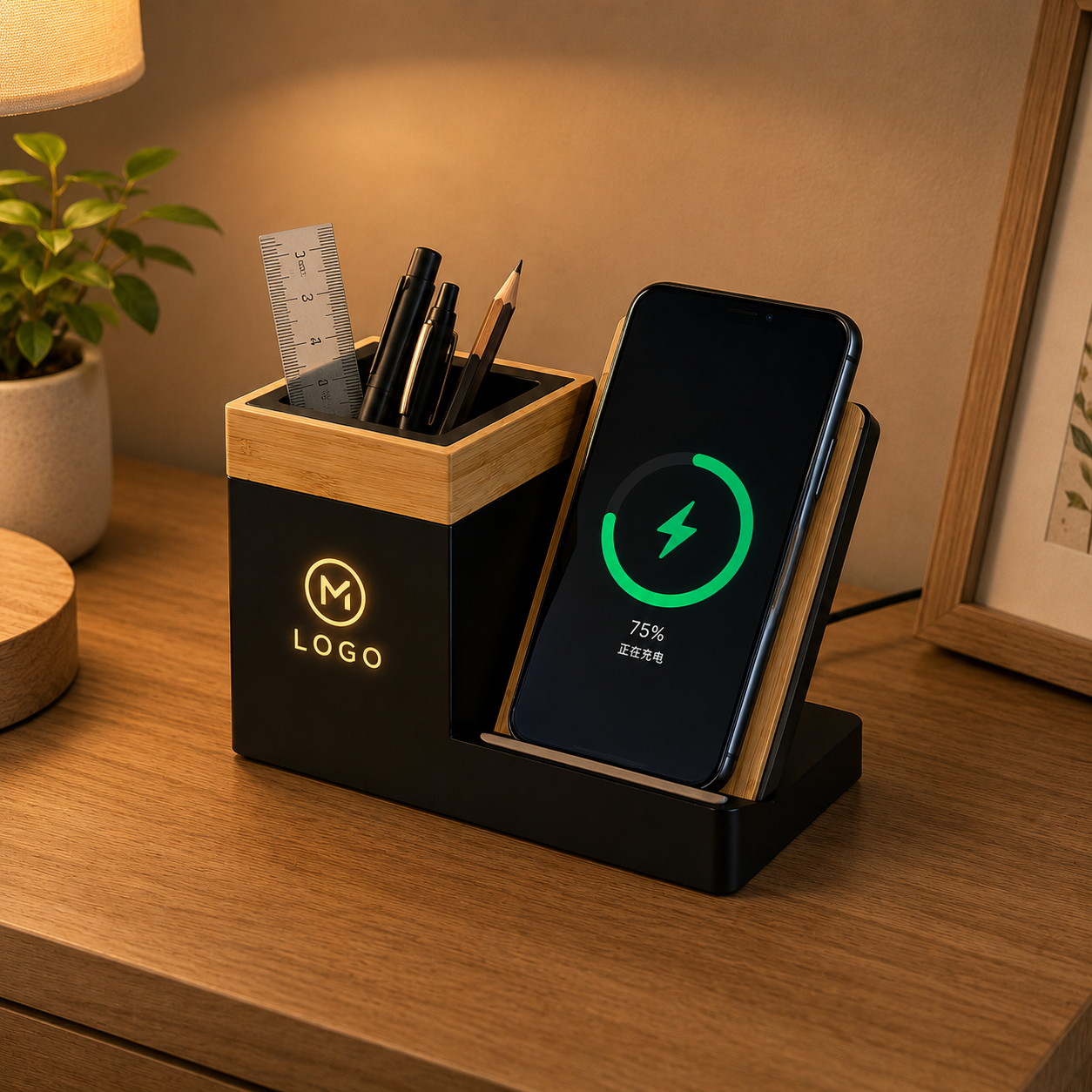 Bamboo Wireless Charging Desk Organizer With Pen Holder