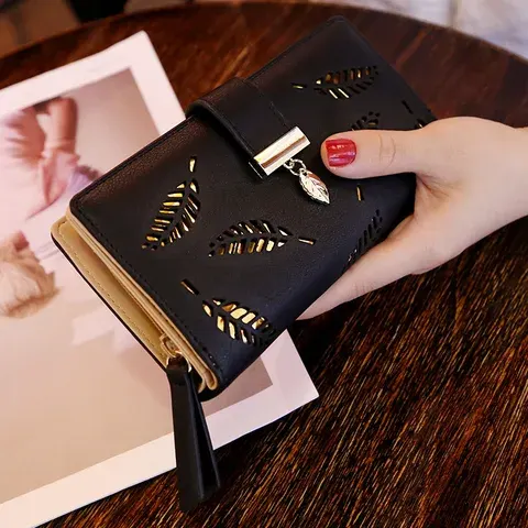 Women's PU Leather Long Wallet with Leaf Clutch