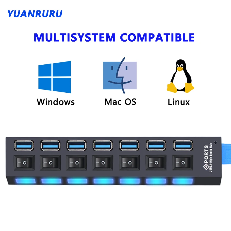 USB 3.0 Hub with 7 Ports and Switch 2