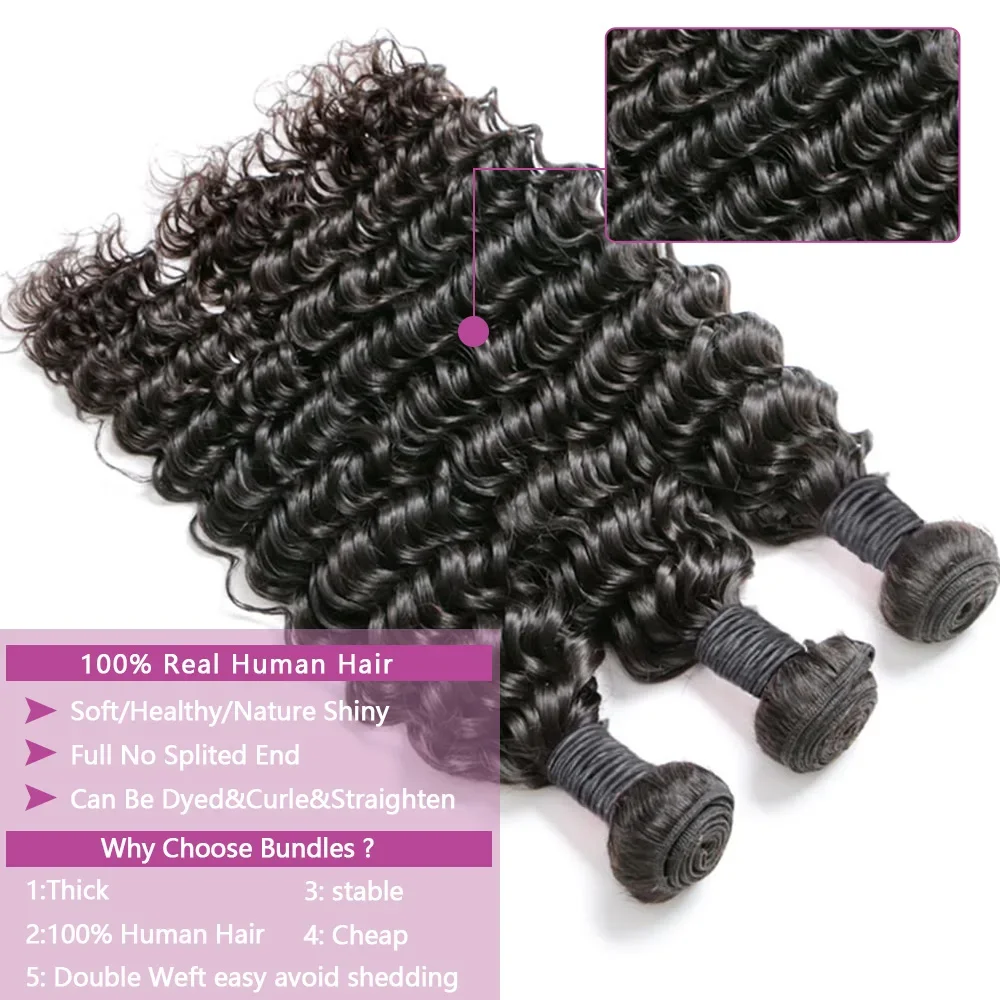 Queenlike Deep Wave Echthaar-Bündel 24 26 28 Zoll 3