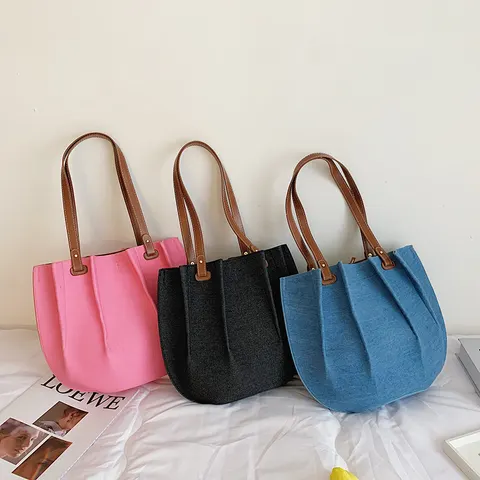 Pleated Canvas Denim Shoulder Tote
