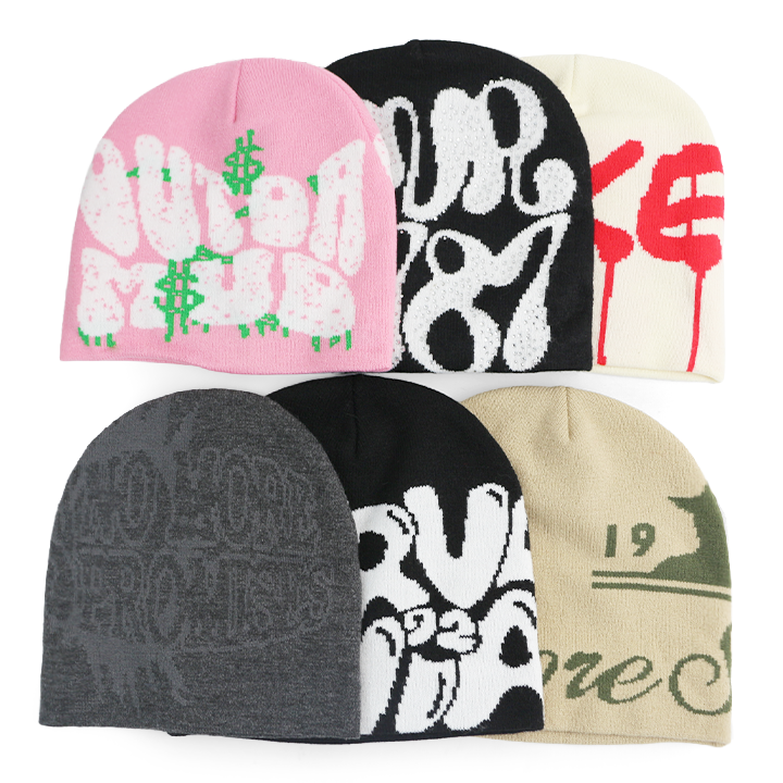 HK34 Winter Warm Plush Skullcap Printed Jacquard Cuffless 4