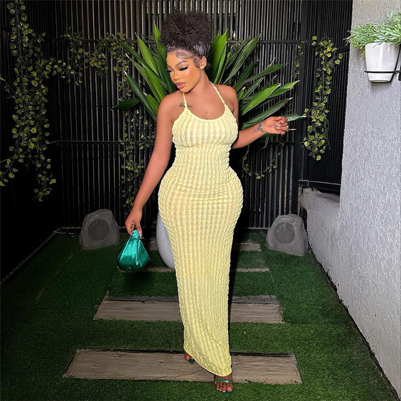 Fashion Solid Color Backless Women Maxi Dress Halter 2