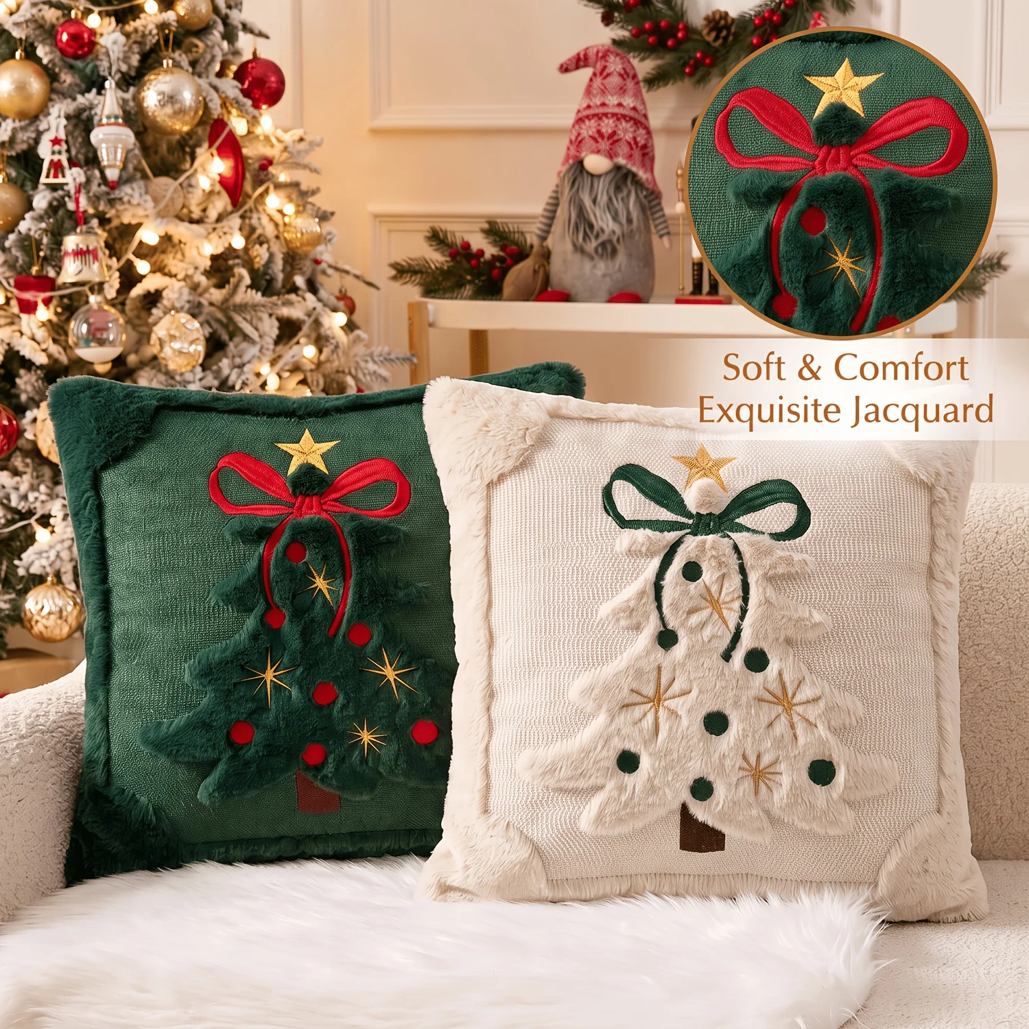 3D-Weihnachtsbaum-Kissenbezüge aus Kunstplüsch mit Gesticktem Weihnachtsbaum-Muster für Sofa
