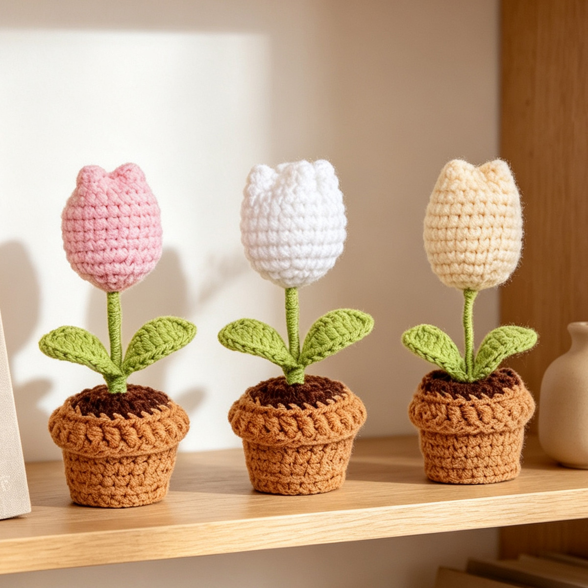 Handmade Crochet Multicolor Mini Tulip Flower Pot For