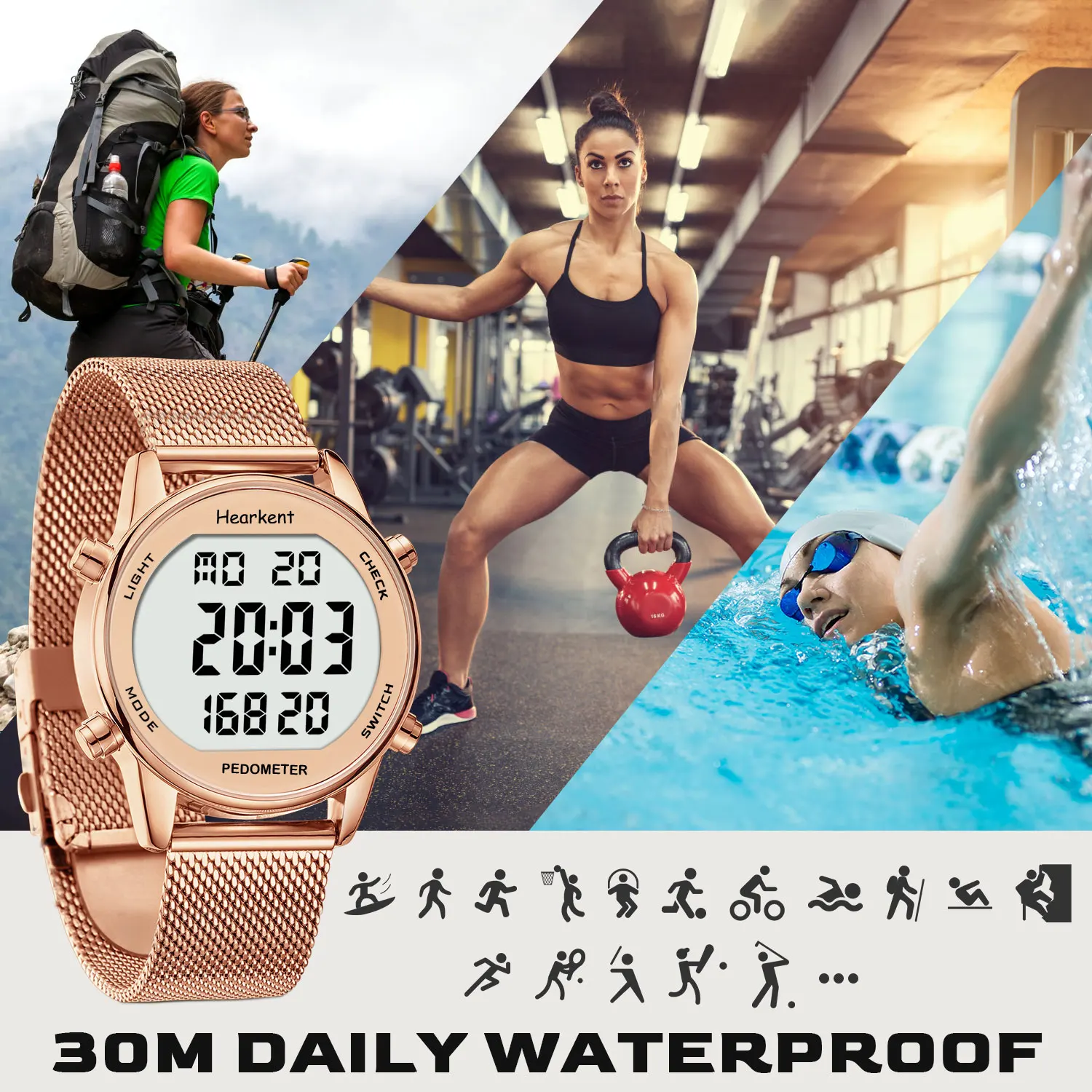 Hearkent Schrittzähler-Uhren Sport-Schrittzähler Damen-Digitaluhren Kalorien Meile-Tracker Wasserdicht 30 4