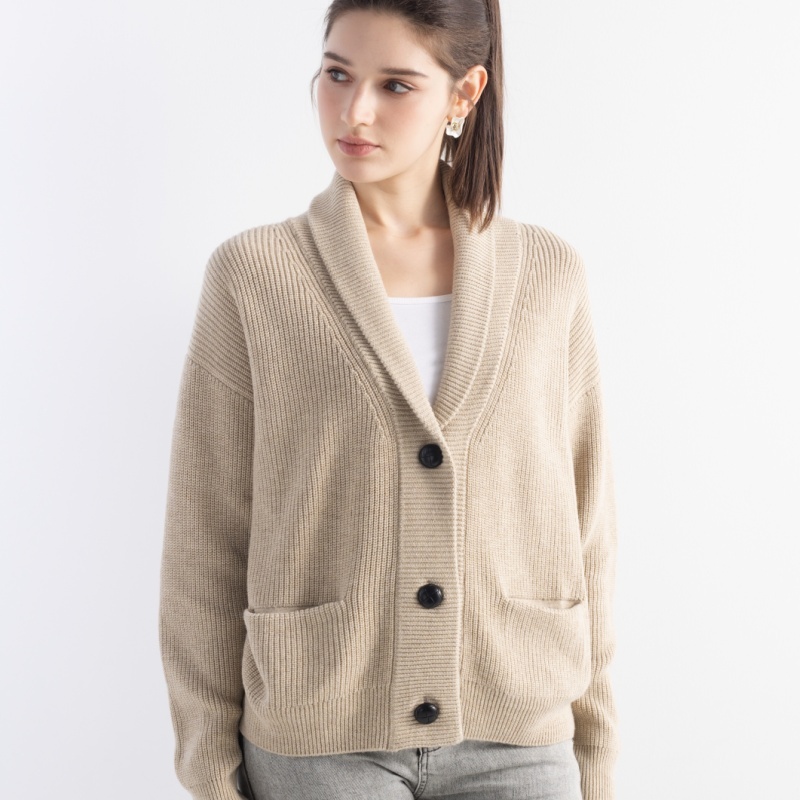 Women's Wool Cardigan Sweater Shawl Collar Button Front