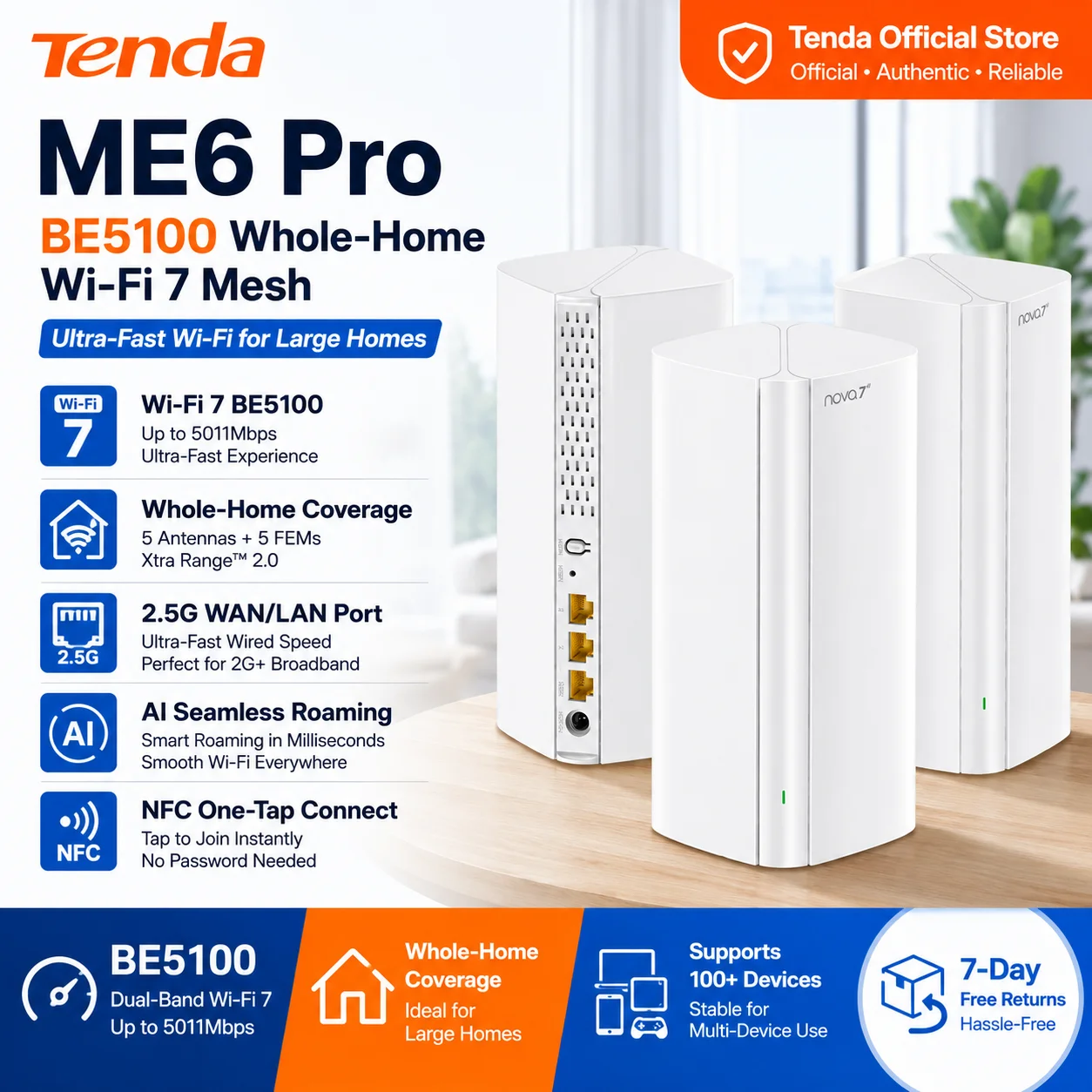 Tenda Router BE5100 Wi-Fi 7 2 4 5